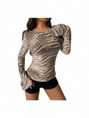 Sheer Taupe Zebra-Print Long-Sleeve Tee